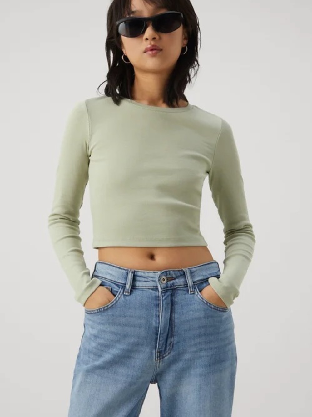 Zara Cropped Long-Sleeve Top in Light Sage Green